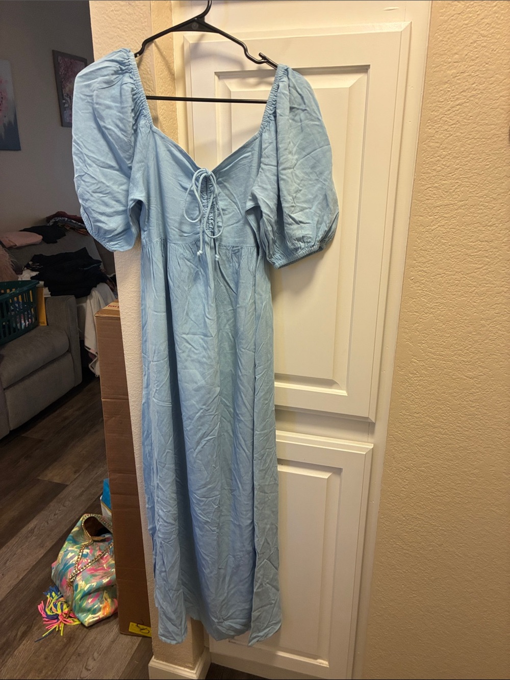 Sim & Sam light blue maxi dress w/ short puff sleeves & tie-front bodice
